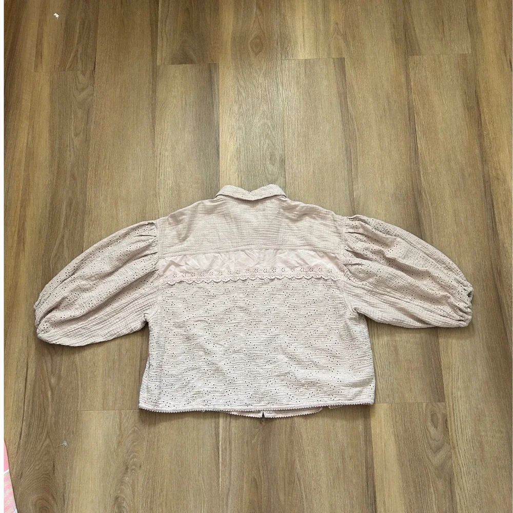 Free People Full Bloom Cotton gauze‎ Eyelet Puff Sleeve Button Down Blouse S
